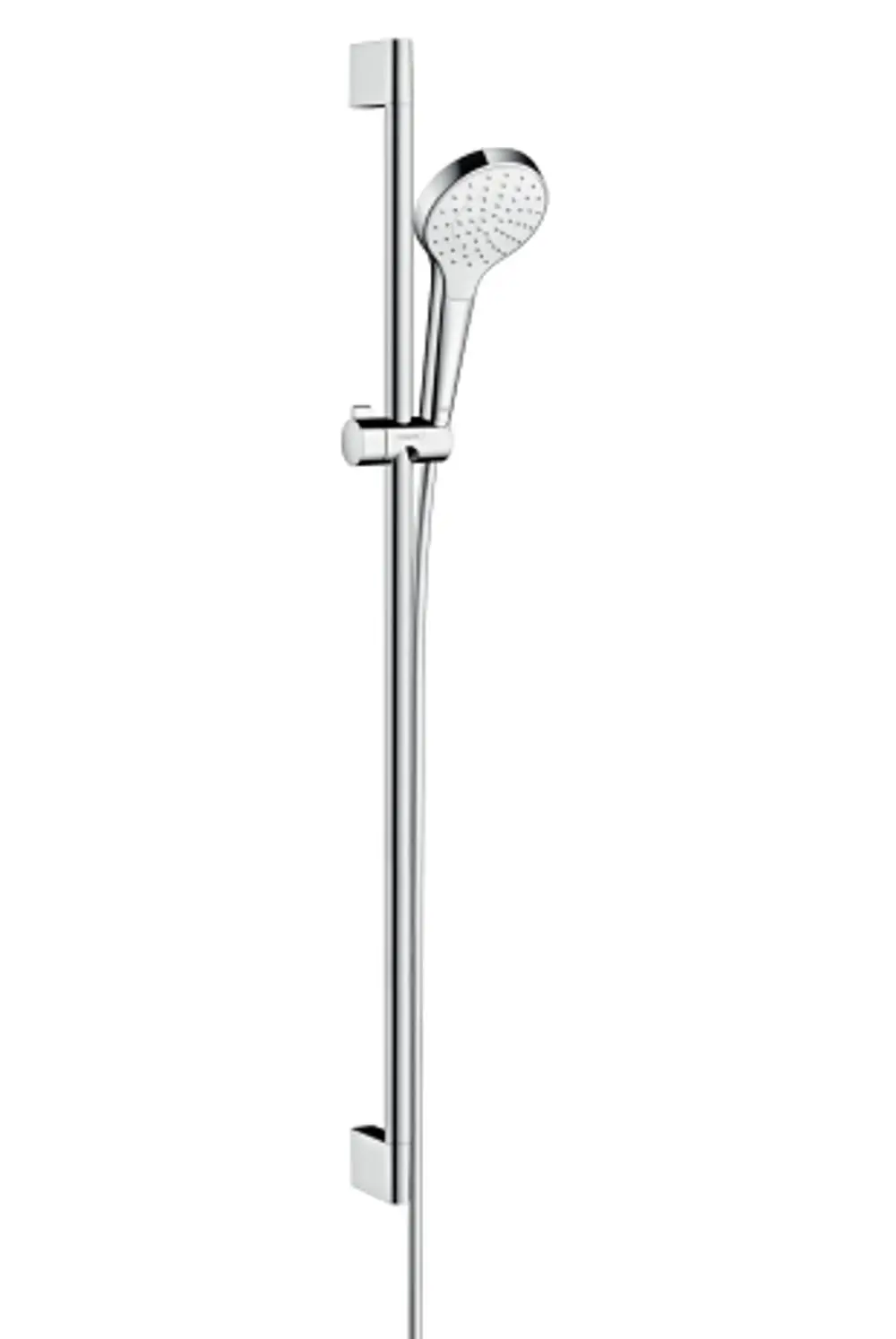 Hansgrohe Duschset mit Handbrause, montiert an einer vertikalen Halterung. Die Oberflächen sind in Chrom und Weiß gehalten, mit einem flexiblen Schlauch.